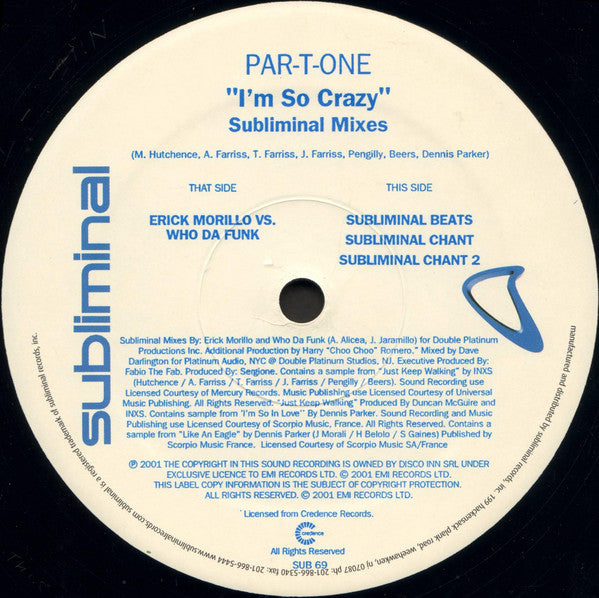 Par-T-One : I'm So Crazy (Subliminal Mixes) (12")