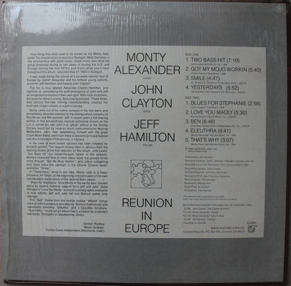 Monty Alexander - John Clayton - Jeff Hamilton : Reunion In Europe (LP, Album)