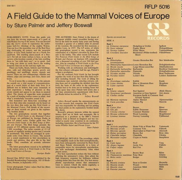 Sture Palmér & Jeffery Boswall : A Field Guide To The Mammal Voices Of Europe (Record 1) (LP)