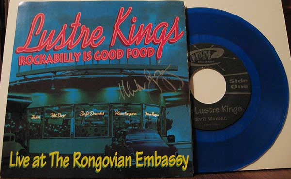 The Lustre Kings : Rockabilly Is Good Food: Live At The Rongovian Embassy (7", Single, Blu)