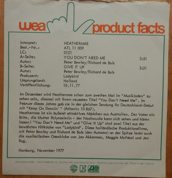 Heathermae : You Don't Need Me (7", Single)