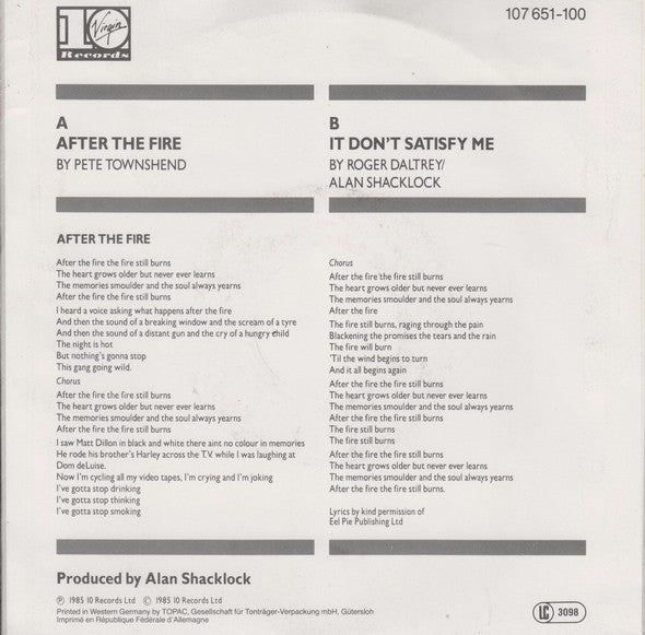 Roger Daltrey : After The Fire (7", Single)