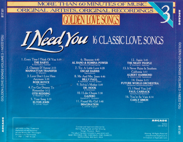 Various : Golden Love Songs Volume 3 - I Need You (16 Classic Love Songs) (CD, Comp)