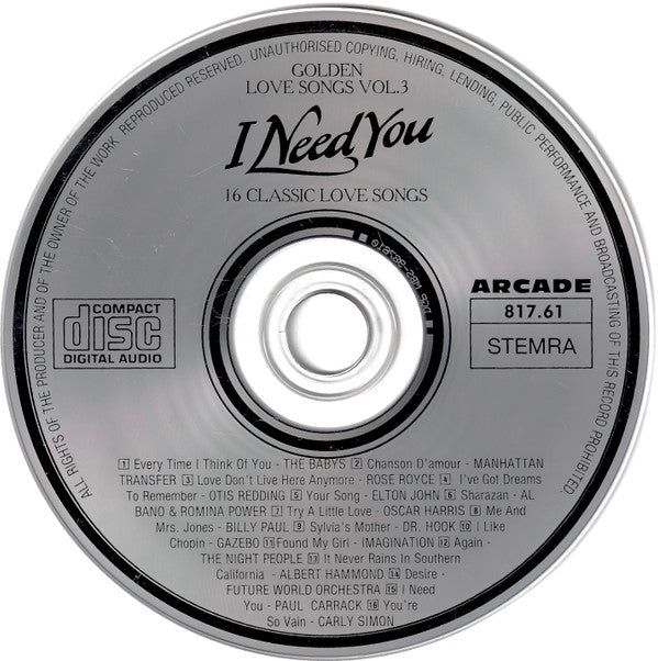 Various : Golden Love Songs Volume 3 - I Need You (16 Classic Love Songs) (CD, Comp)