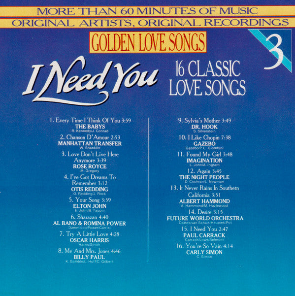 Various : Golden Love Songs Volume 3 - I Need You (16 Classic Love Songs) (CD, Comp)