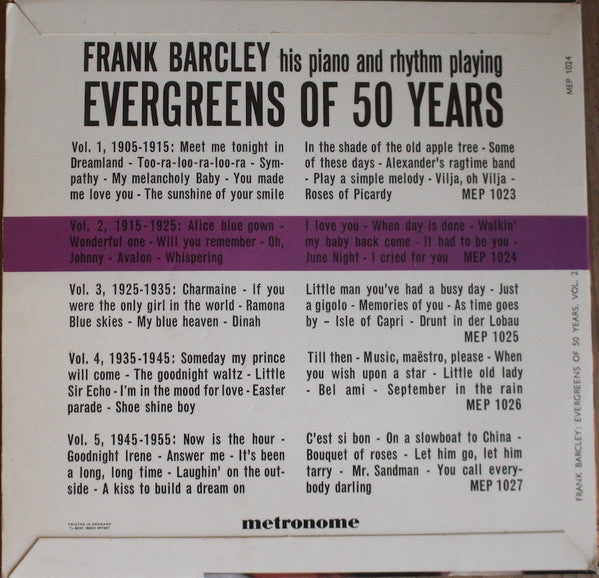 Frank Barcley His Piano And Rhythm : Evergreens Of 50 Years 2 1915-1925 (7", EP, RE)