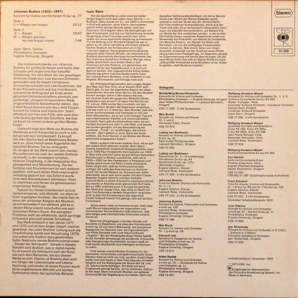 Isaac Stern / Johannes Brahms - The Philadelphia Orchestra, Eugene Ormandy : Konzert Für Violine Und Orchester D-dur Op.77 (LP, Album, RE)