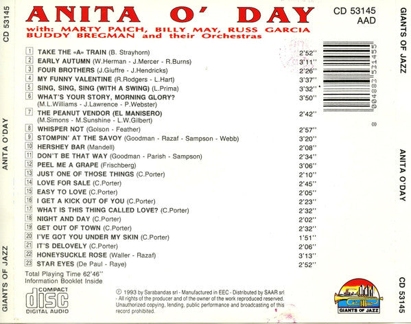 Anita O'Day With Marty Paich, Billy May, Russell Garcia, Buddy Bregman : Anita O'Day 1956 - 1962 (CD, Comp)