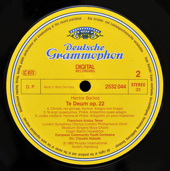 Hector Berlioz - London Symphony Chorus, London Philharmonic Choir, Wooburn Singers, Francisco Araiza, European Union Youth Orchestra, Claudio Abbado : Te Deum (LP, Album)