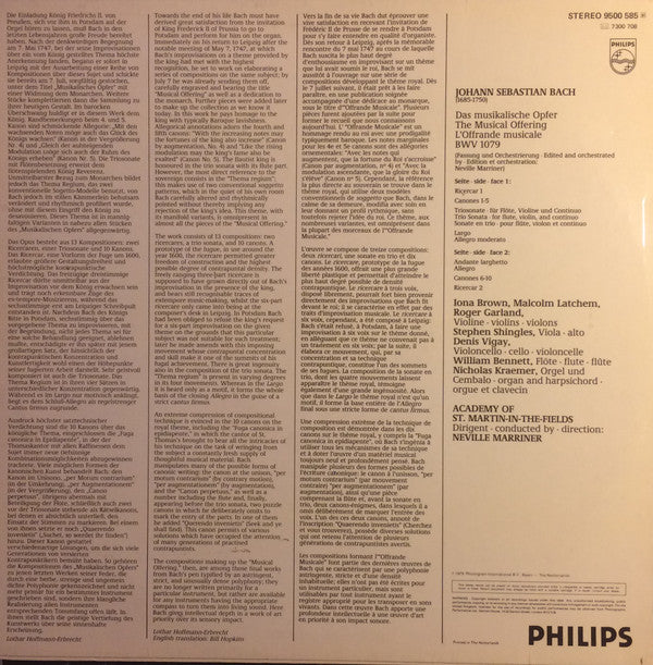 Johann Sebastian Bach, The Academy Of St. Martin-in-the-Fields, Sir Neville Marriner : Das Musikalische Opfer = The Musical Offering BWV 1079 (LP)