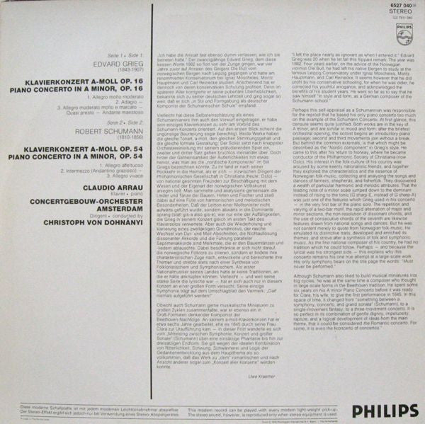 Edvard Grieg, Robert Schumann - Claudio Arrau, Concertgebouworkest, Christoph von Dohnányi : Die Klavierkonzerte = The Piano Concertos (LP)