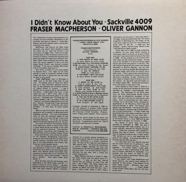 Fraser MacPherson & Oliver Gannon : I Didn't Know About You (LP, Album)