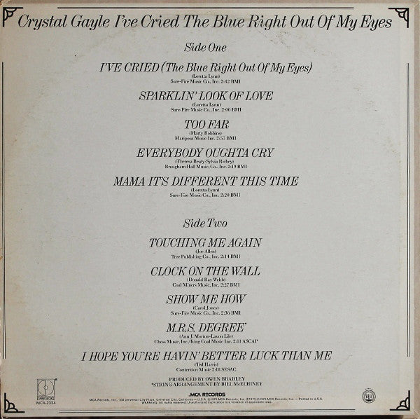Crystal Gayle : I've Cried The Blue Right Out Of My Eyes (LP, Album, Comp)