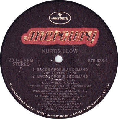 Kurtis Blow : Back By Popular Demand (12")