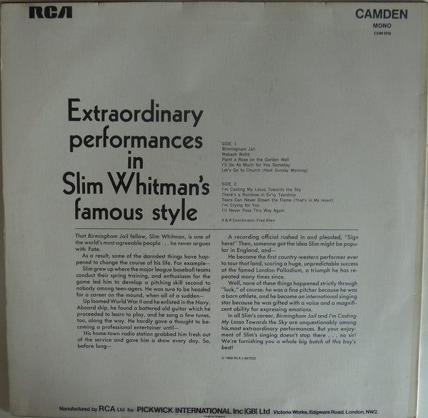 Slim Whitman : Birmingham Jail And Other Country Favourites (LP, Mono)