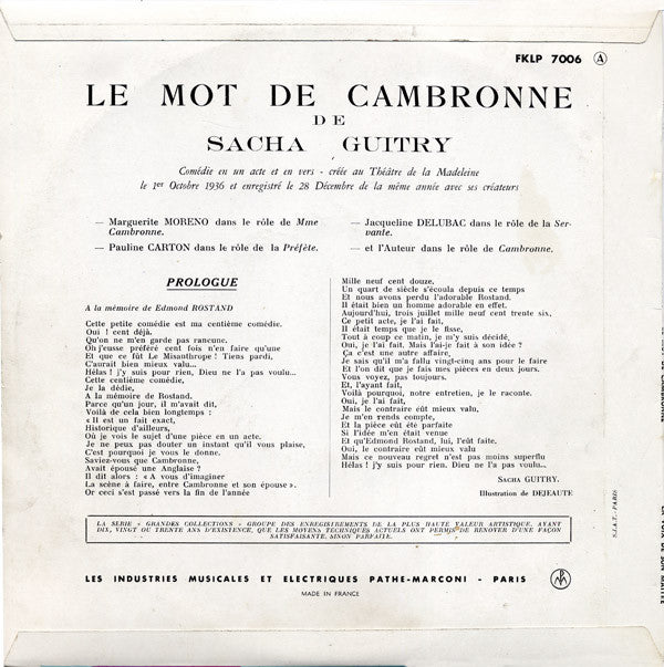 Sacha Guitry : Le Mot De Cambronne (Comédie En 1 Acte) (10")