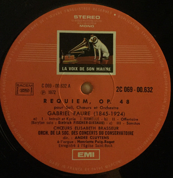 Gabriel Fauré - André Cluytens, Orchestre De La Société Des Concerts Du Conservatoire, Victoria De Los Angeles, Dietrich Fischer-Dieskau : Requiem (LP, RE, Gat)