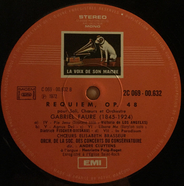 Gabriel Fauré - André Cluytens, Orchestre De La Société Des Concerts Du Conservatoire, Victoria De Los Angeles, Dietrich Fischer-Dieskau : Requiem (LP, RE, Gat)
