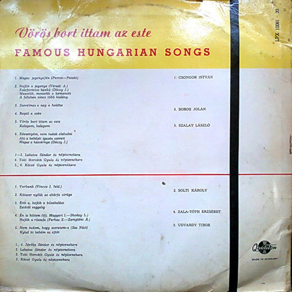 Various : Vörös Bort Ittam Az Este - Famous Hungarian Songs (LP, Comp)