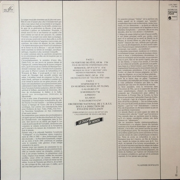 Dmitri Shostakovich Direction: Evgeni Svetlanov : Symphonie No9 • Ouverture De Fete • Tahiti-Trot • Romance (LP, Album)
