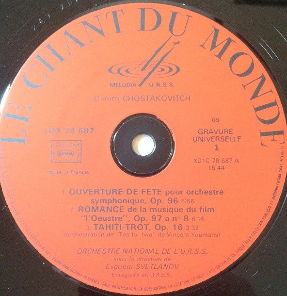 Dmitri Shostakovich Direction: Evgeni Svetlanov : Symphonie No9 • Ouverture De Fete • Tahiti-Trot • Romance (LP, Album)