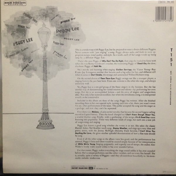 Peggy Lee : "Rendez-Vous With"   (LP, Album, RE)
