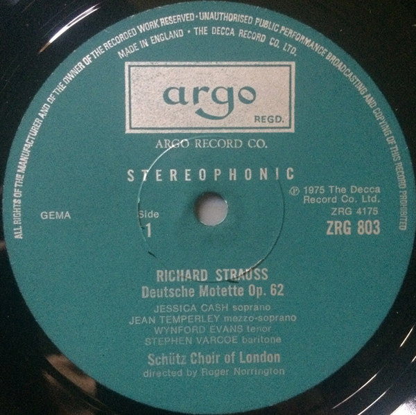 Richard Strauss - The Schütz Choir Of London, Roger Norrington : Deutsche Motette, Op. 62 / Der Abend, Op. 34 No. 1 / Hymne, Op. 34 No. 2 (LP)