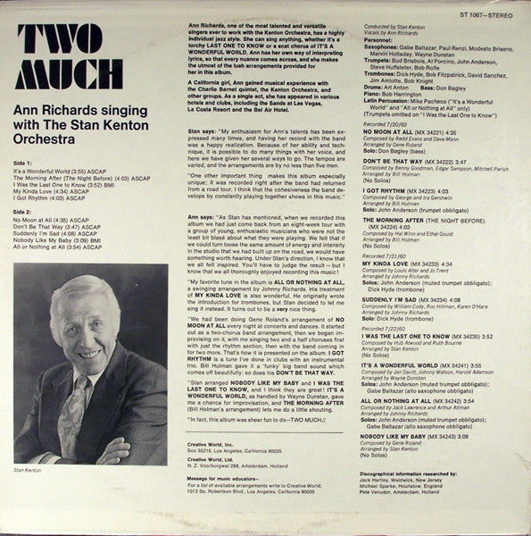 Ann Richards And Stan Kenton And His Orchestra : Two Much (LP, Album, RE)