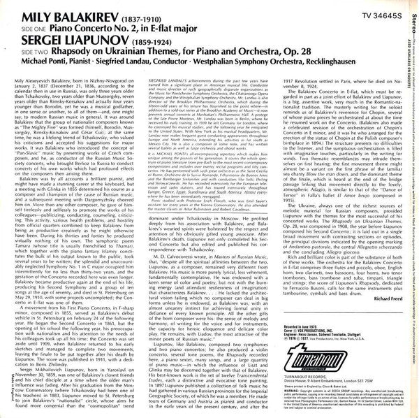 Mily Balakirev / Sergei Lyapunov, Michael Ponti, Westfälisches Sinfonieorchester, Siegfried Landau : Piano Concerto In E-Flat / Rhapsody On Themes From The Ukraine For Piano & Orchestra (LP)