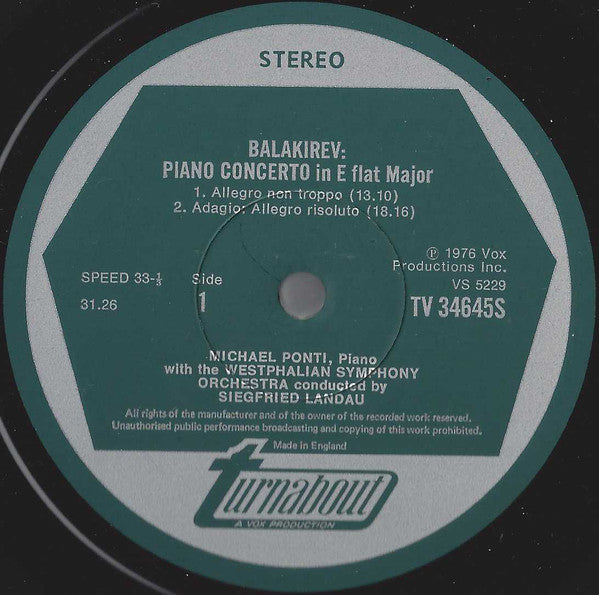 Mily Balakirev / Sergei Lyapunov, Michael Ponti, Westfälisches Sinfonieorchester, Siegfried Landau : Piano Concerto In E-Flat / Rhapsody On Themes From The Ukraine For Piano & Orchestra (LP)