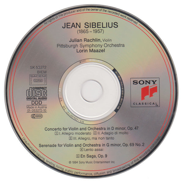 Jean Sibelius - Julian Rachlin, Lorin Maazel, Pittsburgh Symphony Orchestra : Violin Concerto / En Saga / Serenade For Violin & Orchestra, Op. 69 No.2 (CD, Album)