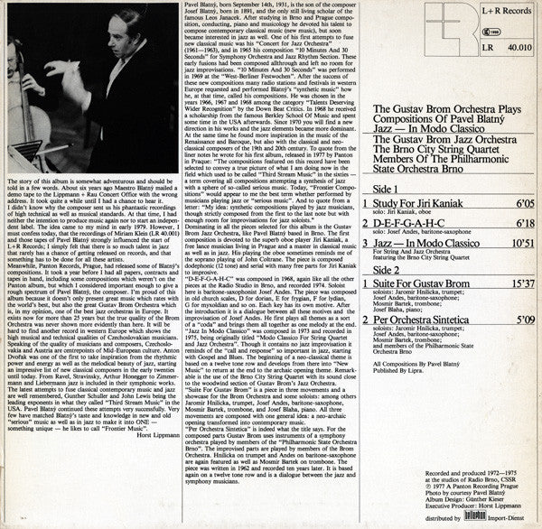 Gustav Brom Orchestra Plays Compositions Of Pavel Blatný : Jazz – In Modo Classico (LP, Album)