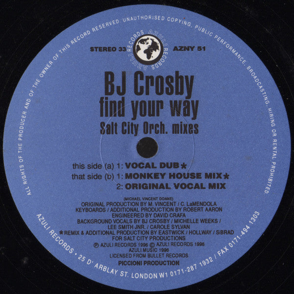 BJ Crosby : Find Your Way (Salt City Orch. Mixes) (12")