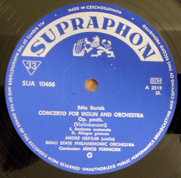 Béla Bartók, André Gertler, Brno State Philharmonic Orchestra, János Ferencsik : First Violin Concerto / Two Violin Rhapsodies (LP, Mono)