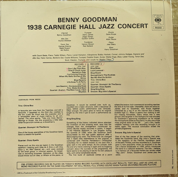 Benny Goodman : The Famous 1938 Carnegie Hall Jazz Concert (2xLP, RE, Gat)