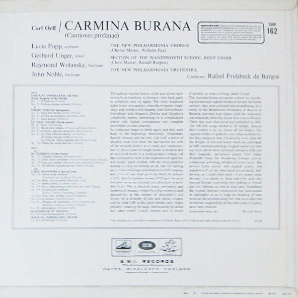 Carl Orff - Lucia Popp, Gerhard Unger, Raymond Wolansky, John Noble, New Philharmonia Chorus, New Philharmonia Orchestra, Rafael Frühbeck De Burgos : Carmina Burana, Cantiones Profanae (LP, Gol)