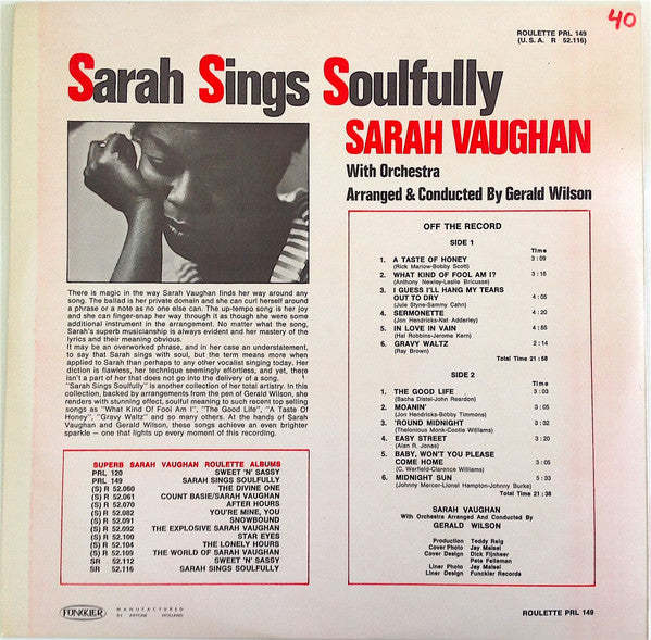 Sarah Vaughan  With Orchestra, Arranged & Conducted By  Gerald Wilson : Sarah Sings Soulfully (LP, Album)