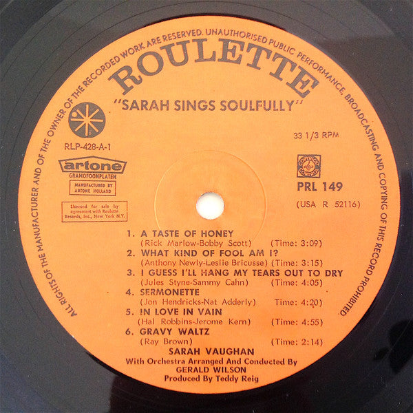 Sarah Vaughan  With Orchestra, Arranged & Conducted By  Gerald Wilson : Sarah Sings Soulfully (LP, Album)