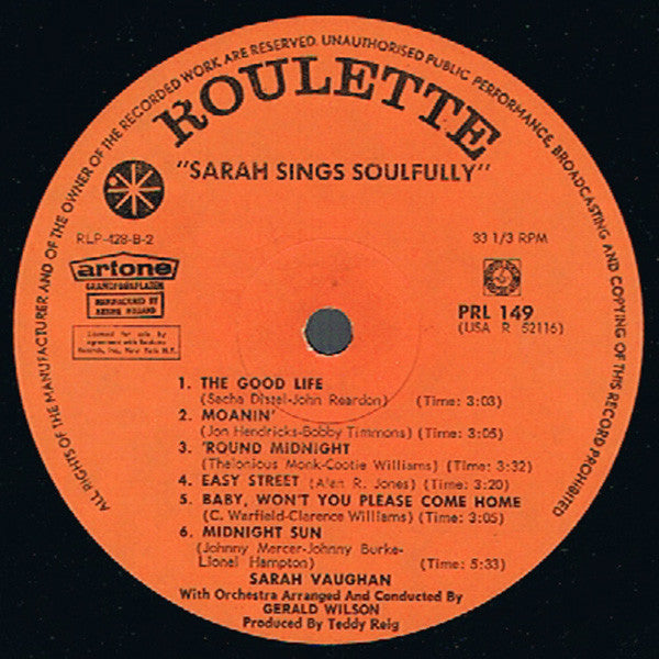 Sarah Vaughan  With Orchestra, Arranged & Conducted By  Gerald Wilson : Sarah Sings Soulfully (LP, Album)