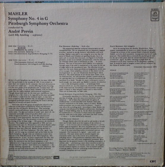 Mahler*, Pittsburgh Symphony Orchestra, André Previn, Elly Ameling : Mahler Symphony No. 4 In G (LP, Club)