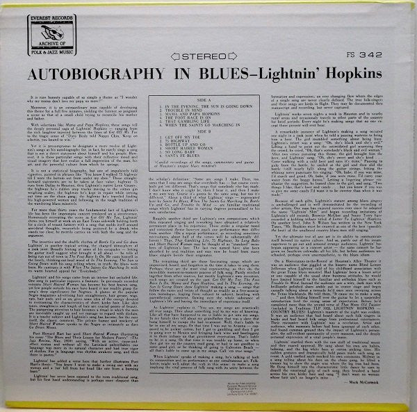 Lightnin' Hopkins : Autobiography In Blues (LP, RE)