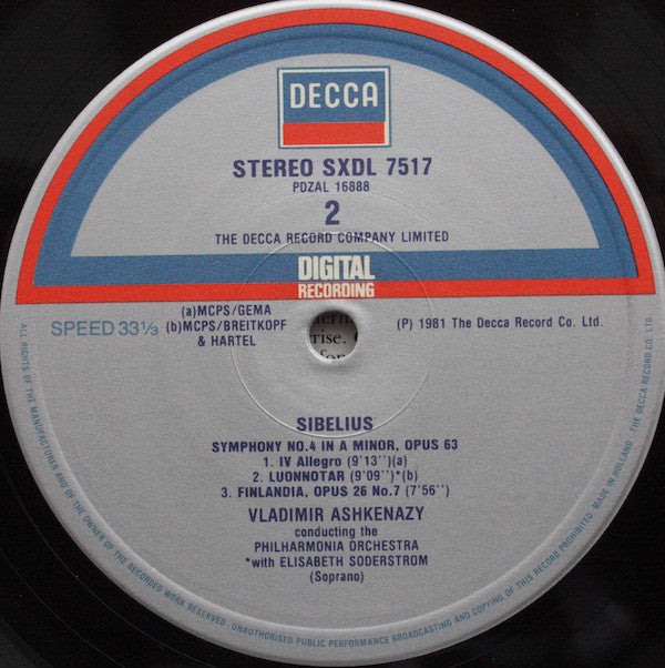 Jean Sibelius, Philharmonia Orchestra, Vladimir Ashkenazy, Elisabeth Söderström : Symphony No. 4 / Finlandia • Luonnotar (LP)