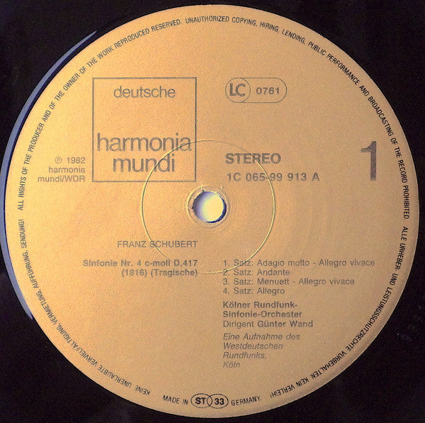 Franz Schubert – Kölner Rundfunk-Sinfonie-Orchester, Günter Wand : Sinfonien Nr. 4 C-Moll (Tragische) / Nr. 8 H-Moll (Unvollendete) (LP, Gat)