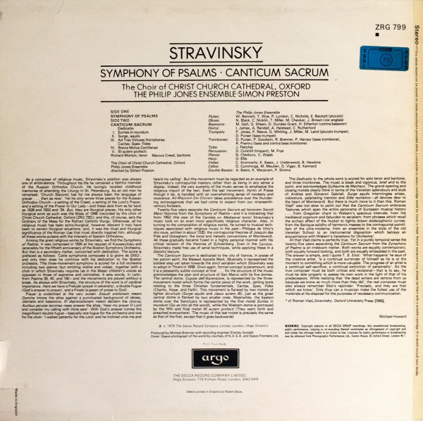 Igor Stravinsky - The Choir Of Christ Church Cathedral, Philip Jones Brass Ensemble, Simon Preston : Symphony Of Psalms • Canticum Sacrum (LP)