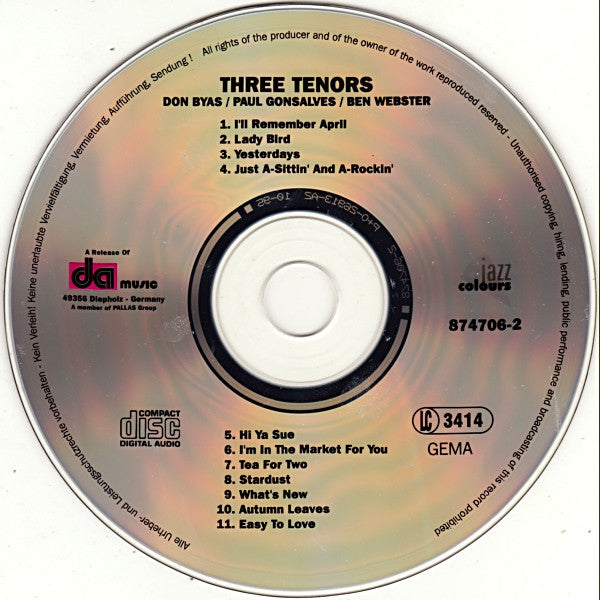 Don Byas / Paul Gonsalves / Ben Webster : Three Tenors (CD, Comp)