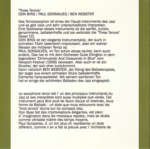 Don Byas / Paul Gonsalves / Ben Webster : Three Tenors (CD, Comp)