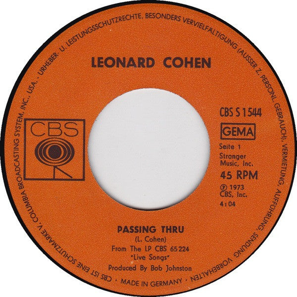 Leonard Cohen : Passing Through / Nancy (7", Single)