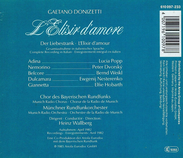 Gaetano Donizetti - Lucia Popp, Peter Dvorský, Evgeny Nesterenko, Bernd Weikl, Elfie Hobarth, Chor Des Bayerischen Rundfunks, Münchner Rundfunkorchester, Heinz Wallberg : L'Elisir D'amore (3xCD, Album)