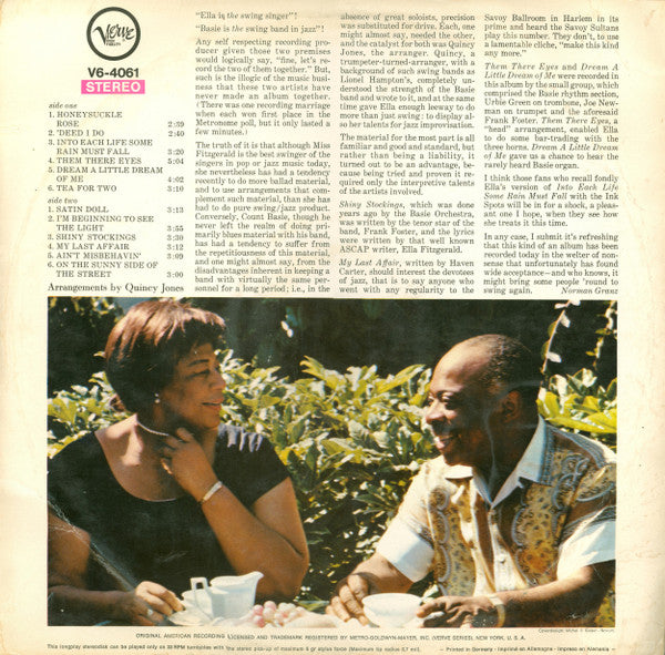 Ella Fitzgerald !&! Count Basie Orchestra : On The Sunny Side Of The Street  (LP, Album)