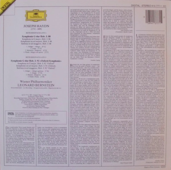 Joseph Haydn • Wiener Philharmoniker • Leonard Bernstein : Symphonien No. 92 «Oxford» No. 88 (LP)